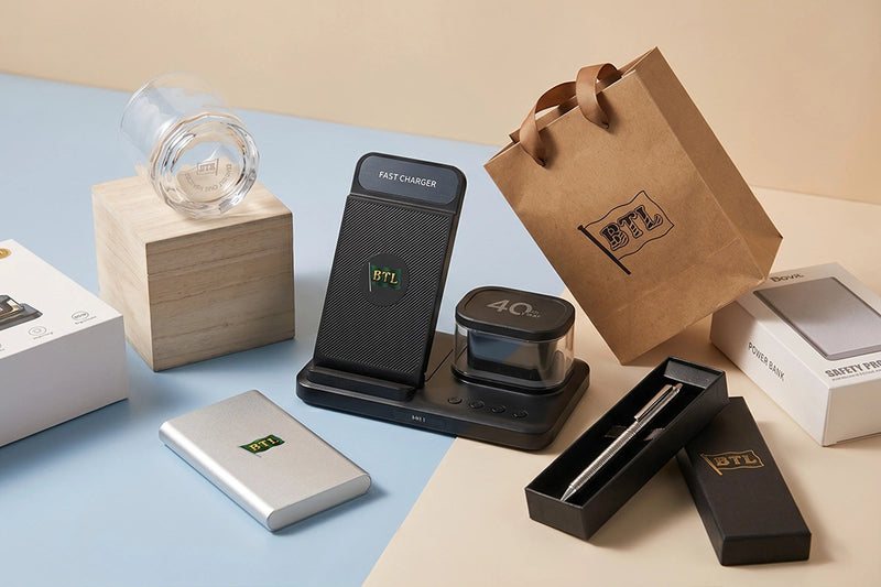 Collection of electronic devices and accessories on a light blue and beige surface with a brown box.