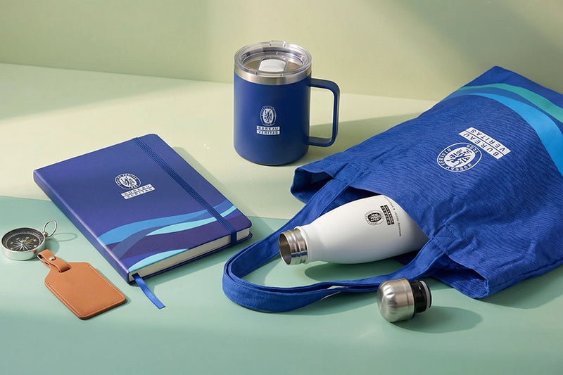 Blue notebook, mug, bottle, and bag with a logo on a light green background