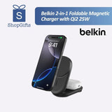Belkin 2-in-1 Foldable Qi2 Magnetic Charger in black with iPhone and Aipods charging simultaneously. Premium Corporate Gift