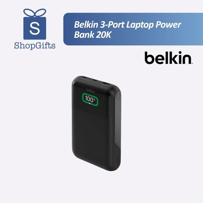 Belkin 65W Multi-Port Laptop Power Bank in matte black finish charging a laptop and smartphone_ Customised Corporate Gift.
