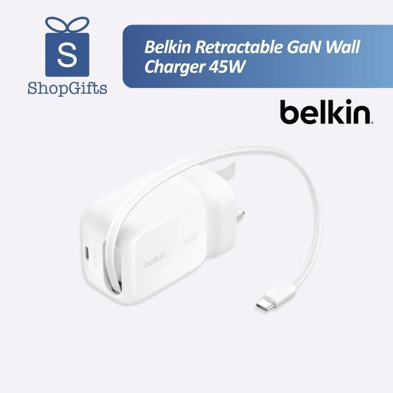 White Belkin 45W Dual USB-C GaN Wall Charger with retractable pins on a minimalist desk. _ Customised Corporate Gift