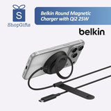 Belkin BoostCharge Pro Qi2 Magnetic Wireless Charger in black with integrated kickstand on a minimalist desk. Customised Corporate Gift