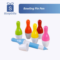 Colorful bowling pin pens with a blue pen on a white background, branded as ShopGifts.