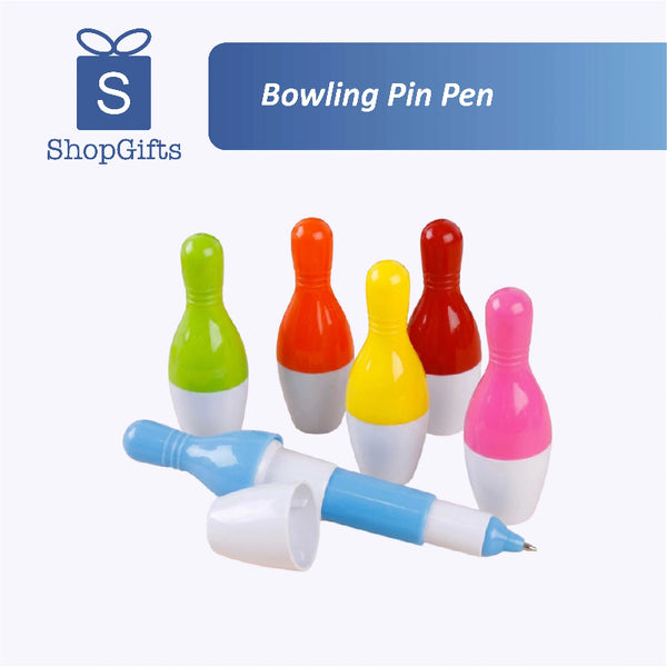 Colorful bowling pin pens with a blue pen on a white background, branded as ShopGifts.