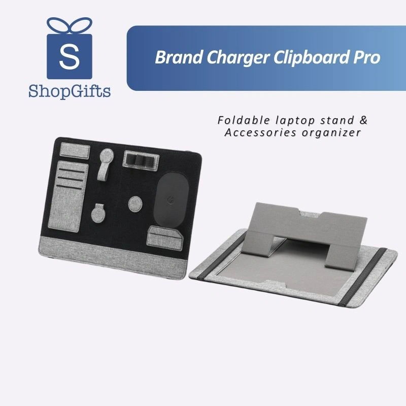 BrandChargerClipboardPro Grey Eco-Friendly Modular Magnetic Desk Organizer with phone stand and stationery on a dark desk _corporate gift shop