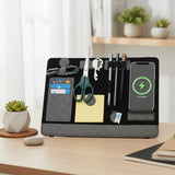 BrandChargerClipboardPro Grey Eco-Friendly Modular Magnetic Desk Organizer with phone stand and stationery on a dark desk _corporate gift shop