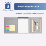 BrandChargerEVOBook Sustainable Executive Stationery Organizer in grey with notepad, sticky notes, and bamboo stationery tools. Corporate Gift shop