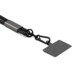 Black chain lanyard with a metal clip and gray fabric patch on a white background