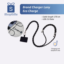 Eco Charge lanyard with USB cable on a white background, featuring ShopGifts branding.