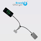 Phone charger with flexible cable on a light gray background