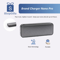 Portable speaker with branding and product features on a white background