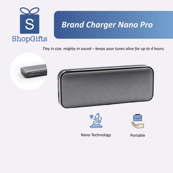 Portable speaker with branding and product features on a white background