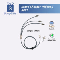 Multi-device charging cable with branding and specifications on a white background