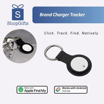 Black BrandCharger Bluetooth tracker in leather case with silver multi-tool on a dark wood surface_ customised Corporate Gifts