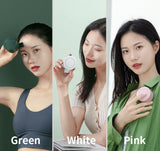 Three women holding cosmetic products labeled 'Green', 'White', and 'Pink' against a plain background.