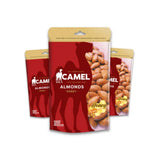 Three packages of Camel Almonds Honey on a white background