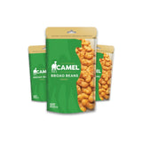 Three packages of Camel Broad Beans on a white background