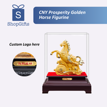 Gold horse figurine in a clear display case with ShopGifts branding.