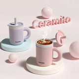 Two ceramic mugs with steam and 'Ceramito' branding on a light pink background.