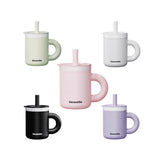 Set of five ceramic mugs with lids and straws in various colors on a white background.