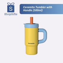 Yellow tumbler with blue handle and straw on a white background, featuring ShopGifts logo.