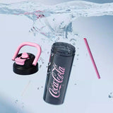Chilled Coca-Cola Summer Cup with ice cubes and condensation, set against a vibrant sunny background, ideal for summer refreshment.