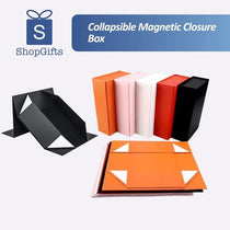 Collapsible Magnetic Closure Boxes shown in both their flat-packed and fully assembled states, available in vibrant orange, pink, white, red, and black with a secure magnetic lid. corporate gifts