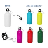 White and blue gradient colour changing aluminum sports bottle with carabiner clip and cold-sensitive color-changing technology. corporate gift supplier singapore