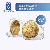 Two gold commemorative souvenir coins in clear cases with 'ShopGifts' branding and 'Custom Design' label.