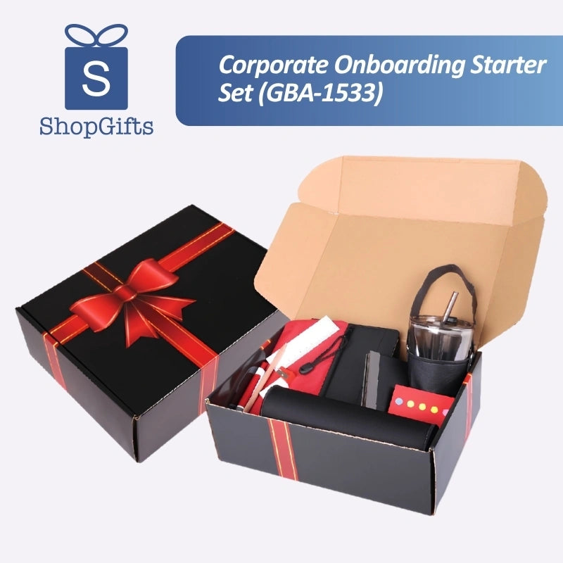 Premium Executive Corporate Onboarding Gift Set featuring black notebook, glass mug, and red stationery in a gift box_Premium Corporate Gifts