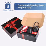 Premium Executive Corporate Onboarding Gift Set featuring black notebook, glass mug, and red stationery in a gift box_Premium Corporate Gifts