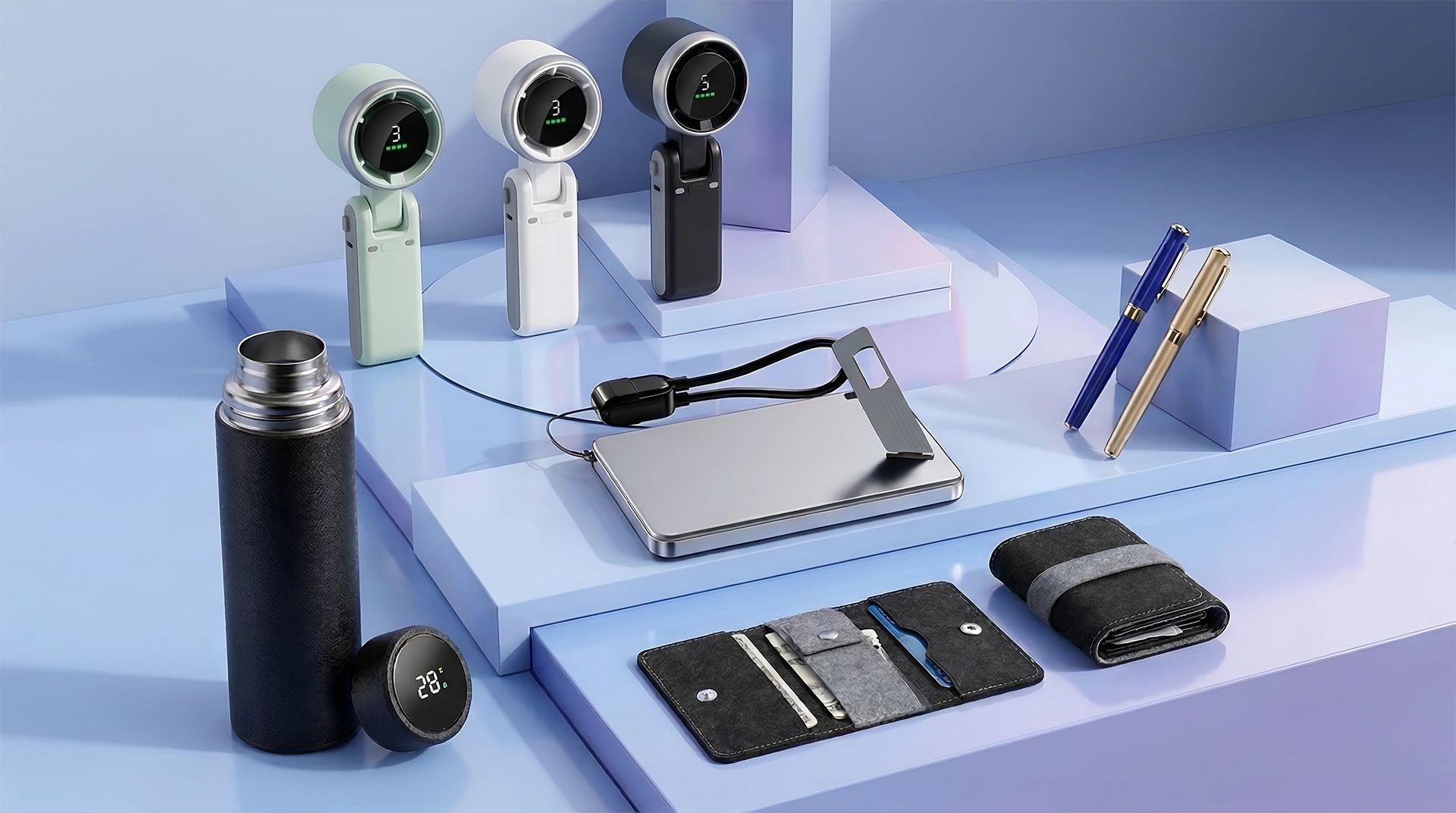 Collection of electronic devices and accessories on a blue platform
