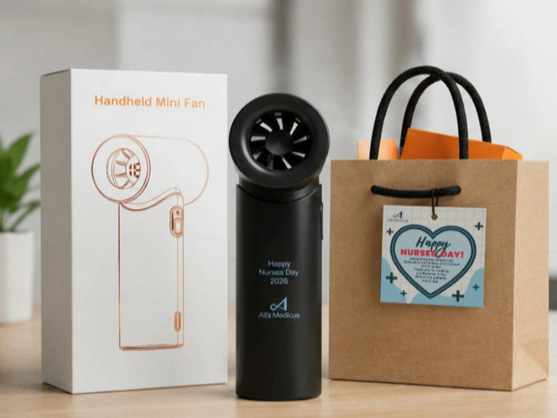 A handheld mini fan in matte black stands beside its white retail box and a brown gift bag with a 'Happy Nurse Day 2025' card, on a light tabletop.