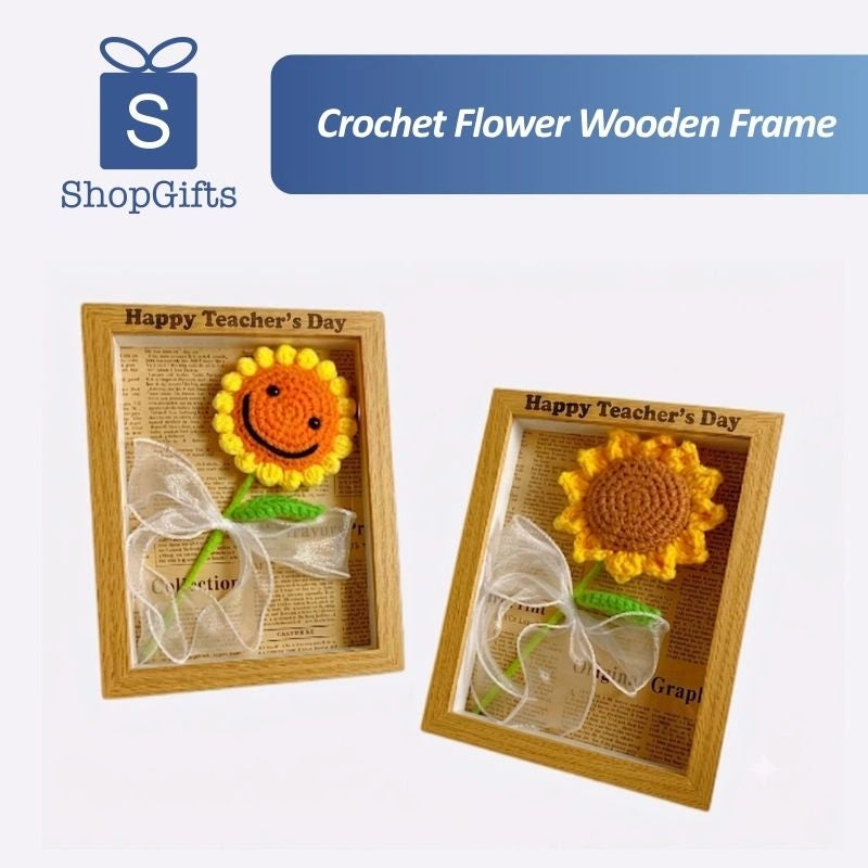 Handmade yellow crochet sunflower in a wooden shadow box frame with a white ribbon bow_Corporate Door Gift