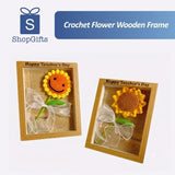 Handmade yellow crochet sunflower in a wooden shadow box frame with a white ribbon bow_Corporate Door Gift