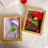 Handmade red & purple crochet flower in a wooden shadow box frame with a white ribbon bow_Corporate Door Gift
