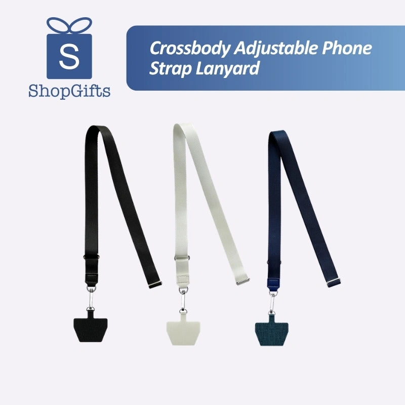 Adjustable woven crossbody phone lanyards in black, white, and navy with silver metal hardware_customised corporate gifts singapore