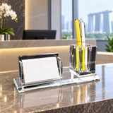 Crystal Pen Business Card Desk Set (CY-529) in clear faceted crystal on an executive office desk_customised corporate gifts