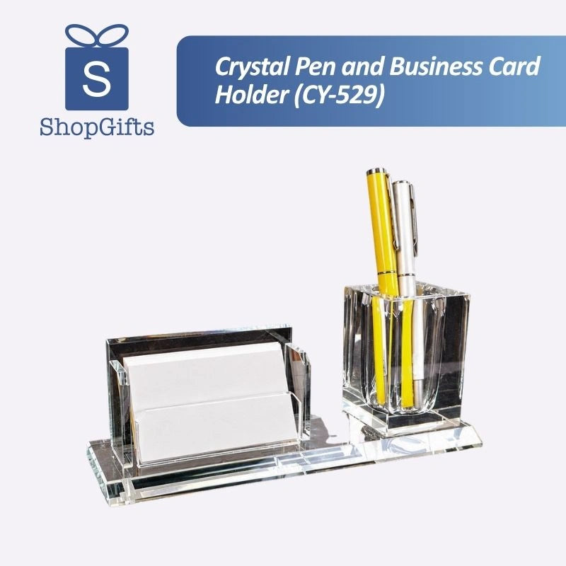 Crystal Pen Business Card Desk Set (CY-529) in clear faceted crystal on an executive office desk_customised corporate gifts