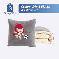 Custom 2-in-1 blanket and pillow set made from soft washed cotton, perfect for travel and corporate gifts.
