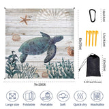 Oversized waterproof picnic mat with sea turtle design, ground stakes, and mesh carry bag for beach outings_ Corporate Gifts Singapore