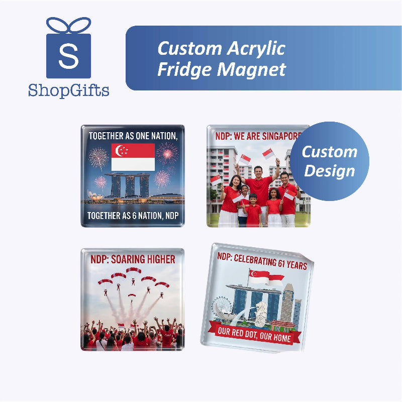 Collection of custom acrylic fridge magnets with Singapore-themed designs on a white background.