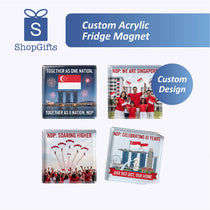 Collection of custom acrylic fridge magnets with Singapore-themed designs on a white background.