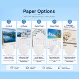 A promotional graphic showing five paper options for a custom calendar: Art Card, Art Paper, Matte Finish, Gloss Finish, and Premium Textured Paper. Each option includes a sample calendar cover preview, a circular swatch, and descriptive text on a light blue background.