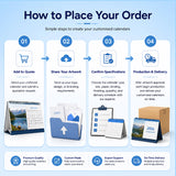 An infographic titled 'How to Place Your Order' with four numbered steps: Add to Quote, Share Your Artwork, Confirm Specifications, and Production & Delivery. It includes icons, text, and small illustrations such as a desk calendar, a folder with branding, a tablet, and a boxed calendar on a light blue background.