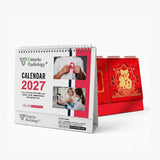 A spiral-bound 2027 desk calendar for Ontario Radiology+ shown in white with printed clinic photos and red accents, alongside red Chinese New Year style standing inserts with gold decorative characters, on a clean white background.