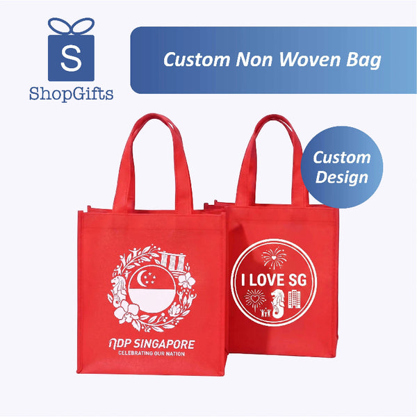 Two red custom non-woven bags with designs on a white background, featuring 'ShopGifts' branding.