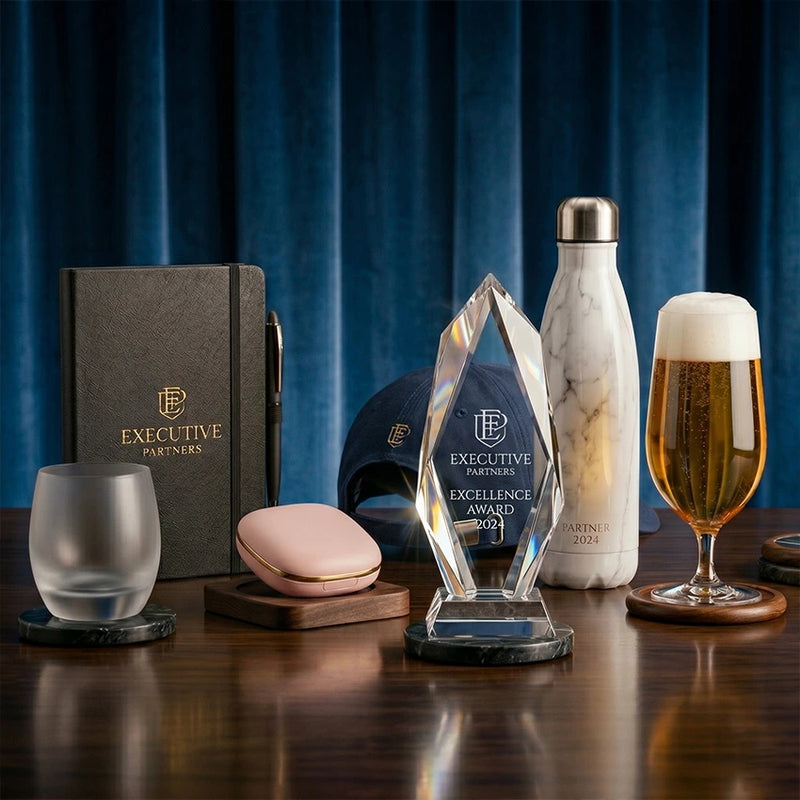 Collection of branded items including a crystal award, notebook, and glassware on a wooden surface with a blue curtain background.