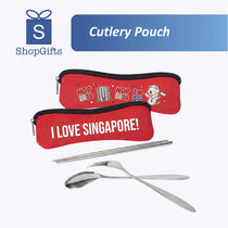 Red cutlery pouch with 'I Love Singapore!' text and silver cutlery set on a white background.