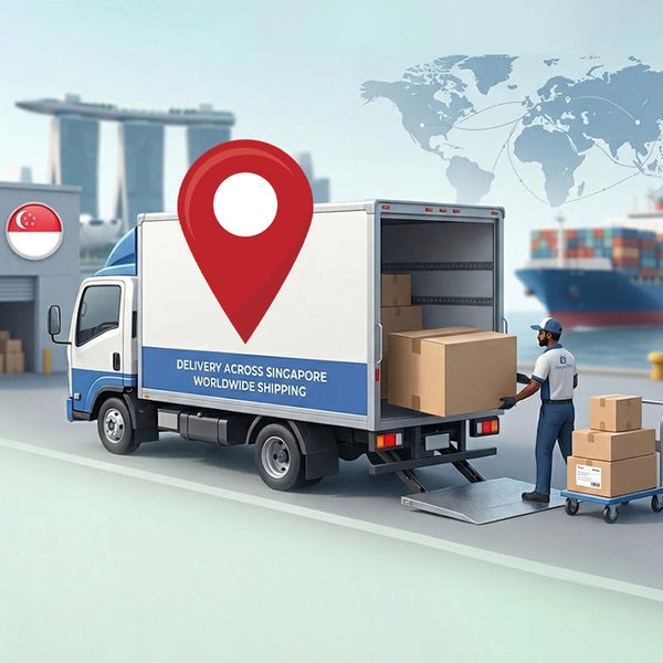 Delivery truck with boxes, world map, and Singapore skyline in the background